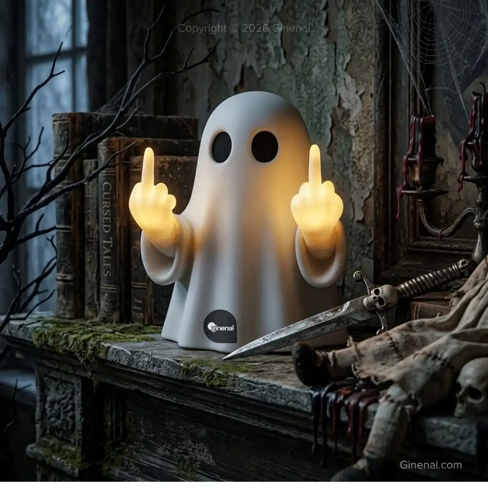 Halloween Ghost Middle Finger Glowing Night Light – Resin Spooky Desk Lamp for Porch, Bedroom, Balcony, Holiday
